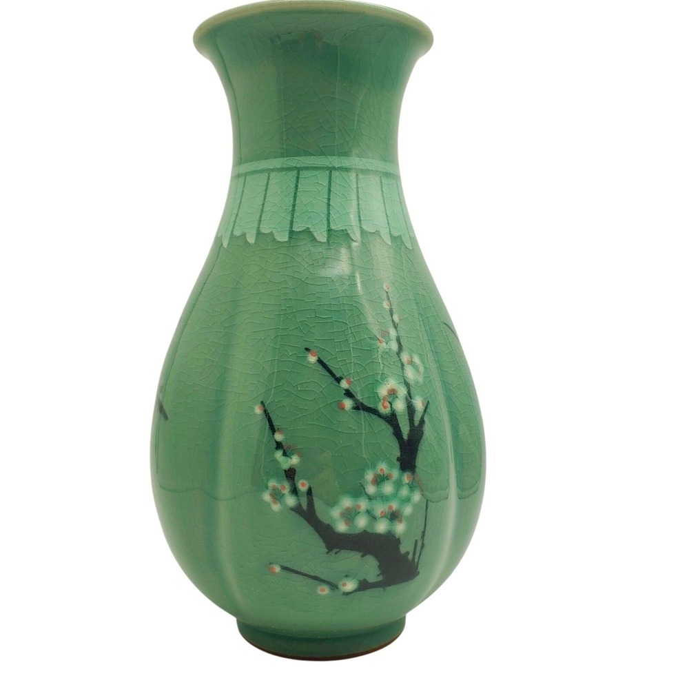 Korean Celadon Green Vase Cherry Blossom Flower Retro Bamboo Asian Pottery Vtg‎